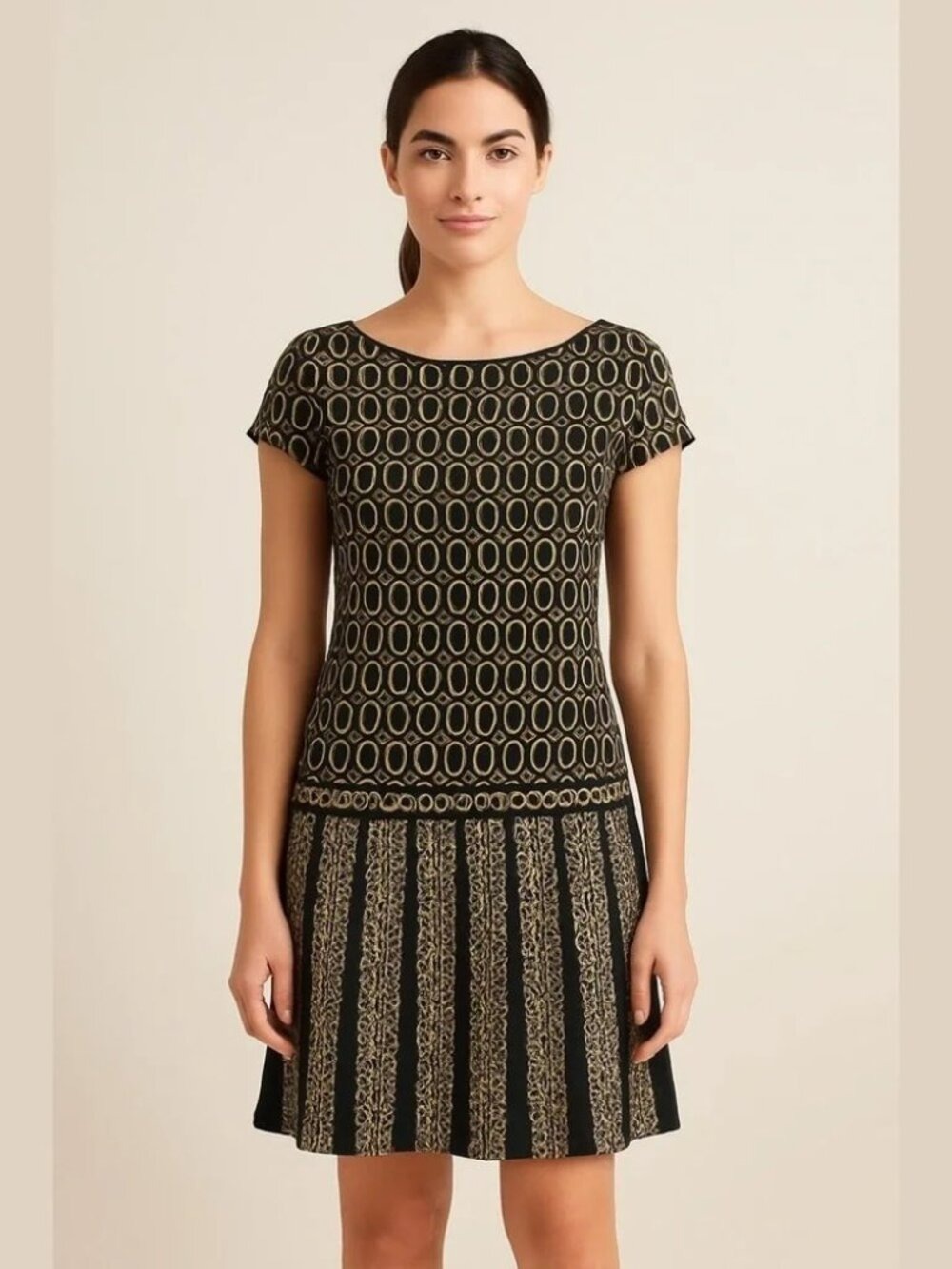 ** Max Studio Printed Drop Pleat Bateau Neck Stretch Jersey Midi Dress Size M